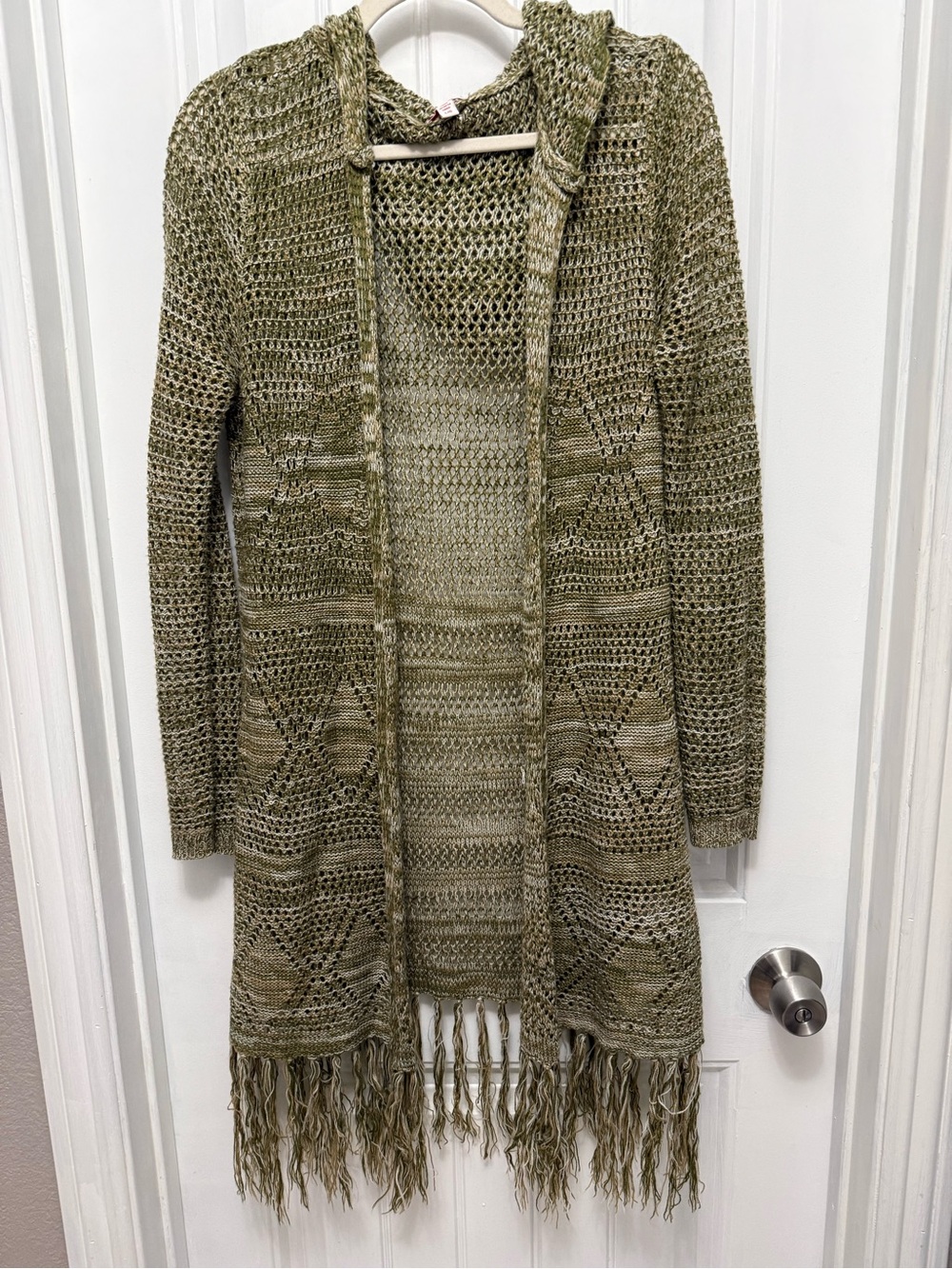 Bongo Womens Large Olive Knit Cardigan Crocheted Hooded Sweater Boho (55-4)